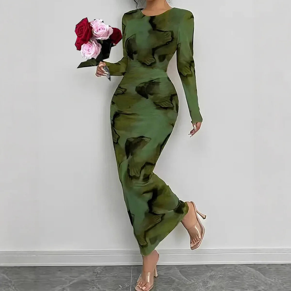 BR6013 Women's Vintage Printed Stretchy Dress Empire Waist Crew Neck Long Skirt Anti-Static Polyester Spandex