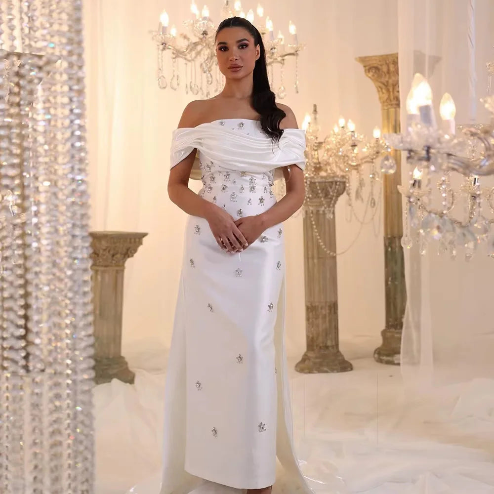 Elegant Off Shoulder Blue Satin Evening Dress With Overskirt Crystal White Midi Wedding Party Gowns Lsz270