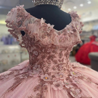 QD1604 Pink V-Neck Quinceanera Dress Glittering 3D Flower for 15 Party Formal Dress Ball Gown 16 Birthday Princess Gown