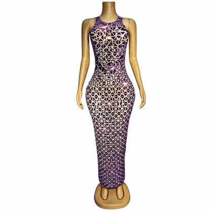 Vestidos Mujer Sleeveless Mirror Sequins Prom Gown See Through Nightclub Party Long Dress Women Formal Banquet Evening Dress