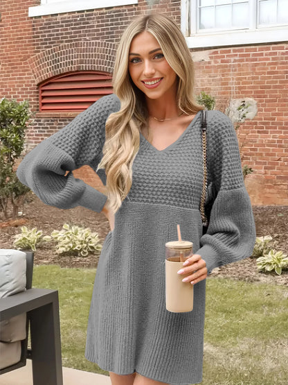 Hot Sale European American Style Autumn Winter Casual Dating V-neck Puff Sleeve Solid Color Sweater Dress