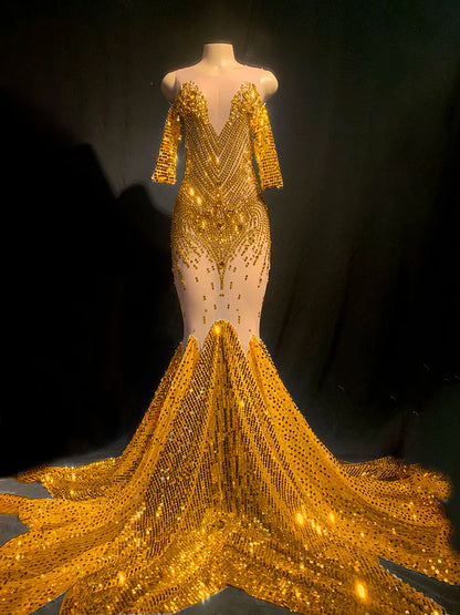 Elegant See Through Glitter Sequins Rhinestone Wedding Party Ball Gowns for Women Prom Trailing Dress Mermaid Evening Dresses