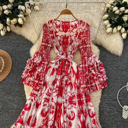 2026 Summer Roman V-Neck Casual Maxi Dress for Women Empire Printed Dress