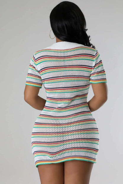 AJ4450 Winter A-Line Casual Women's Woolen Neck Knitted Slim-fit Short Sleeve Striped Button Polo Neck Dress