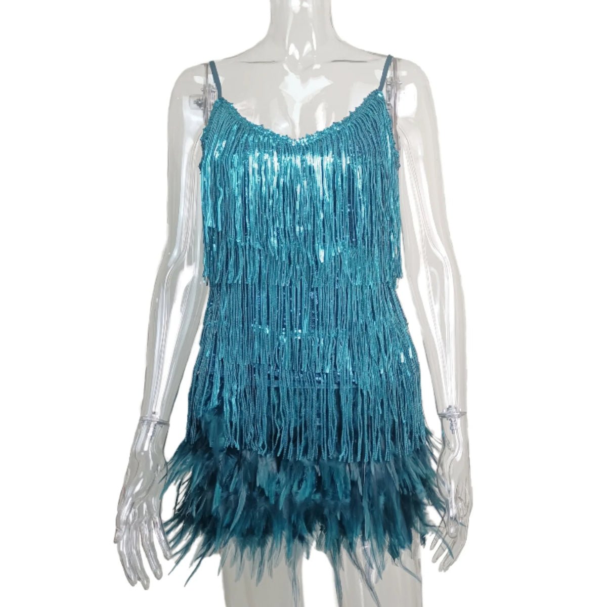 Women Lottie Teal Pink Feather Mini Dresses for Party Fashion Fringed Sequin Suspender Evening Dress