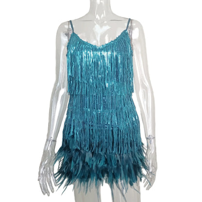 Women Lottie Teal Pink Feather Mini Dresses for Party Fashion Fringed Sequin Suspender Evening Dress