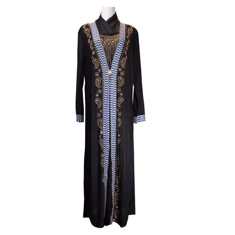Wholesale Women Fashion Long Sleeve Pretty Diamond Muslim Islamic Dresses Cardigan Black Abaya (no Hat) Long Robe Dress