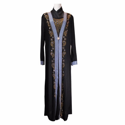 Wholesale Women Fashion Long Sleeve Pretty Diamond Muslim Islamic Dresses Cardigan Black Abaya (no Hat) Long Robe Dress