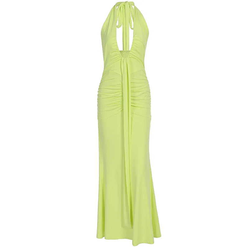 2026 Fashion Summer Women Halter Deep V-Neck Backless Solid Casual Maxi 100% Polyester Crystal Vacation Dresses