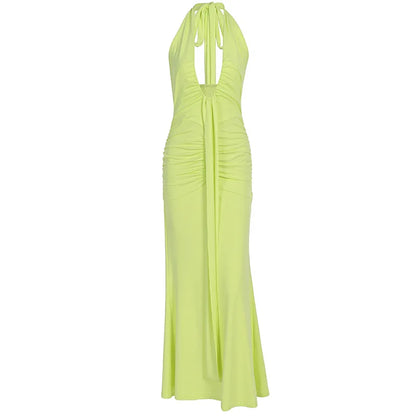 2026 Fashion Summer Women Halter Deep V-Neck Backless Solid Casual Maxi 100% Polyester Crystal Vacation Dresses