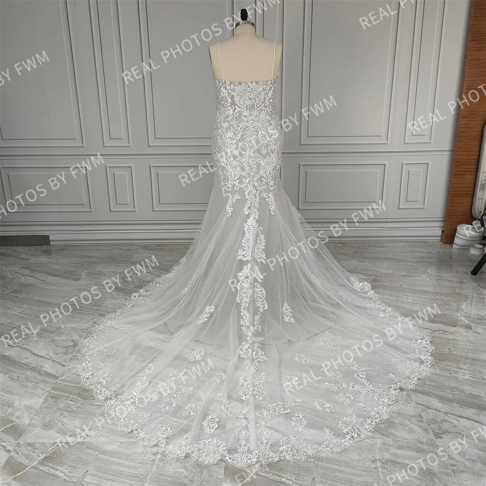 12886# Real Photos Spaghetti Straps Sweep Train Mermaid Wedding Dress Bridal Gown for Plus Size Women With Beading Sequined Lace