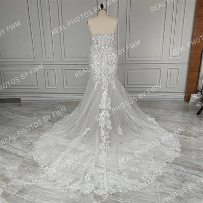 12886# Real Photos Spaghetti Straps Sweep Train Mermaid Wedding Dress Bridal Gown for Plus Size Women With Beading Sequined Lace