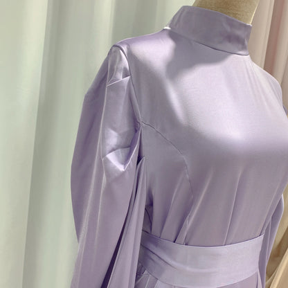 Enyami Satin Elegant Maxi Evening Dress Long Sleeves Abayah Islamic Clothing Muslim Women Dress With Head Scarf