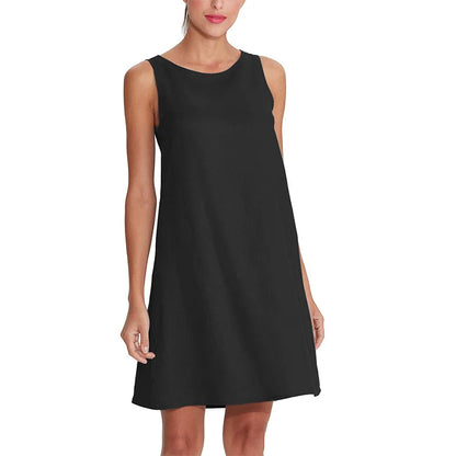100% Linen O-Neck A-line Casual Sleeveless Loose Pockets Dress for Women