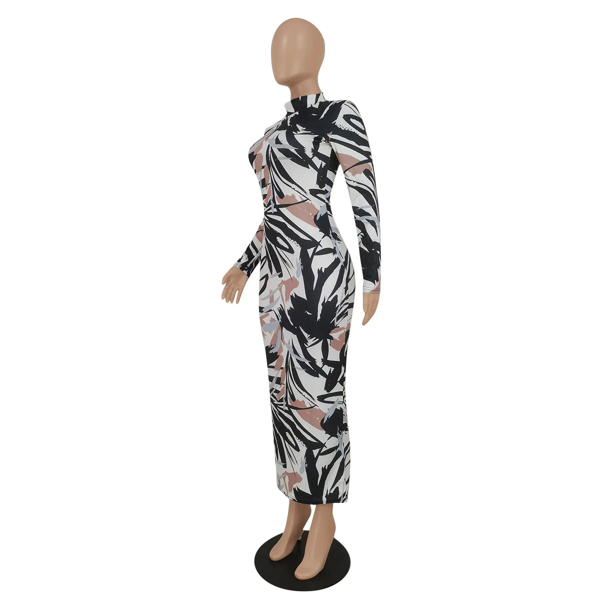 E0109TA33 Wholesale Price Women Printed Knit Ribbed Long Sleeve Birthday Bodycon Midi Maxi Dress