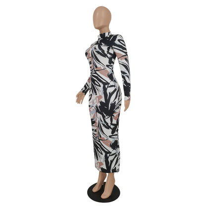E0109TA33 Wholesale Price Women Printed Knit Ribbed Long Sleeve Birthday Bodycon Midi Maxi Dress