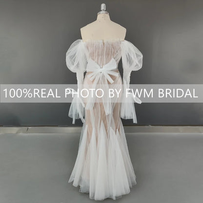8692# Real Photos Exquisite Lace Mermaid Wedding Dress Bridal Gown for Women Puffy Sleeves Tulle Sweep Train Even Dresses