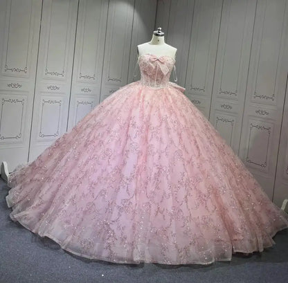 Mumuleo Sleeveless Crystal Vestidos De 15 Anos Pink Quinceanera Dress Sweetheart Neck Glitter Sequin Sweet 15 Gowns With Bow