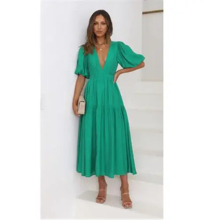 Women 2024 Puff Sleeve Deep V Neck Long Dresses Summer for Woman Sexy Green Women's Dress Summer Royal Blue
