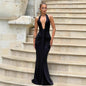 2026 Fashion Summer Women Halter Deep V-Neck Backless Solid Casual Maxi 100% Polyester Crystal Vacation Dresses