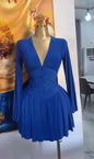 Women's Pleated V-neck Long-sleeved Dress French Style Slim Waist Knee Length Skirt