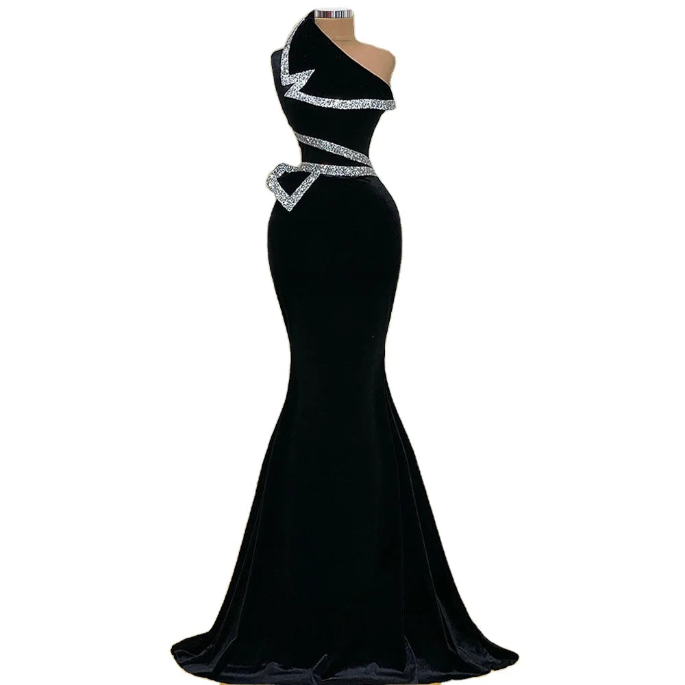 EV120 Black Velvet With Silver Color Velour One Shoulder Mermaid Evening Dresses Diamond Custom Made Long Prom Gowns