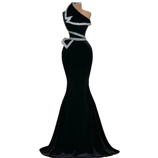 EV120 Black Velvet With Silver Color Velour One Shoulder Mermaid Evening Dresses Diamond Custom Made Long Prom Gowns