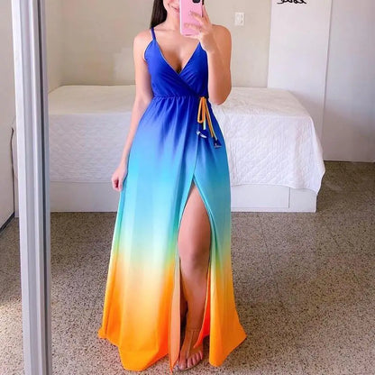 S-XXL Spring Summer Colorful Gradient Dress Temperament Commuter Strap Dress Solid Blue Chiffon Dress TIE DYED