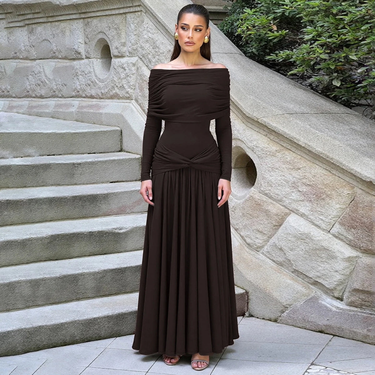 Elegant Casual Solid Color Eco-Friendly Breathable Washable Plain Dyed Maxi Loose Natural Waist Autumn Dress Shoulder Long