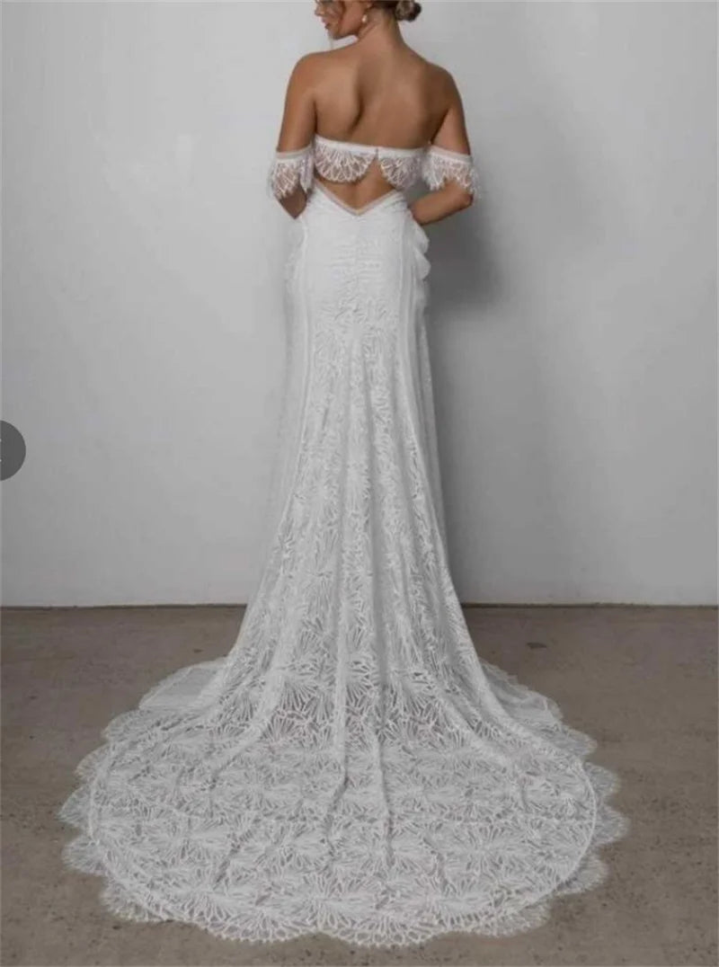 #11286 2021 Elegant Mermaid Lace Off-Shoulder Strapless Wedding Dress Open Back Rustic Bridal Photoshoot Gown