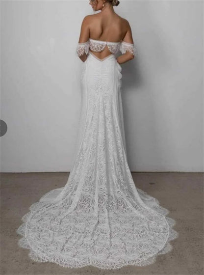 #11286 2021 Elegant Mermaid Lace Off-Shoulder Strapless Wedding Dress Open Back Rustic Bridal Photoshoot Gown