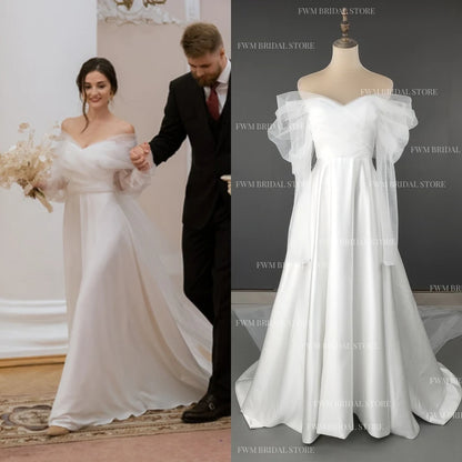 4531# Real Photos Custom Elegant Off Shoulder for Beach Wedding Lace Sweep Train Satin A-line Wedding Dress Bridal Gown