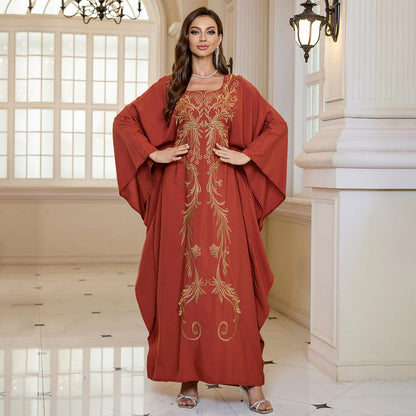 Beach Abaya in Rayon with Gold Embroidery and Batwing Sleeves for Vacation Available on for (24 Colors) L4125