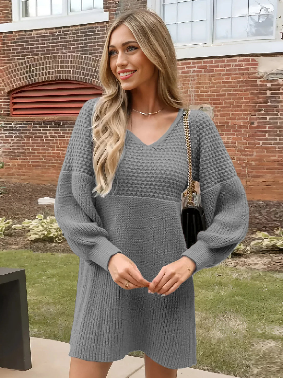 Hot Sale European American Style Autumn Winter Casual Dating V-neck Puff Sleeve Solid Color Sweater Dress