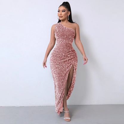 Liu Ming High End Sexy One Shoulder Backless Club Party High Split Sleeveless Elegant Sequin Long Bodycon Dress for Women