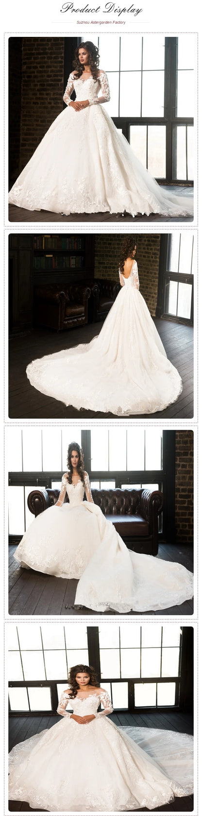 Brand   Gorgeous Lace Ball Gown Wedding Dress Long Sleeve High Neck Luxurious Arabic Bridal Gowns With Backless Wedding Gown