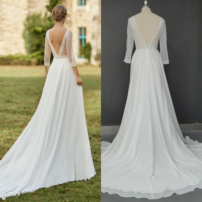 8862# Real Photos O-neck Backless Appliques Illusion Lace Wedding Dress Soft Chiffon Sweep Train A-line Bridal Gown for Party