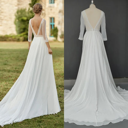 8862# Real Photos O-neck Backless Appliques Illusion Lace Wedding Dress Soft Chiffon Sweep Train A-line Bridal Gown for Party