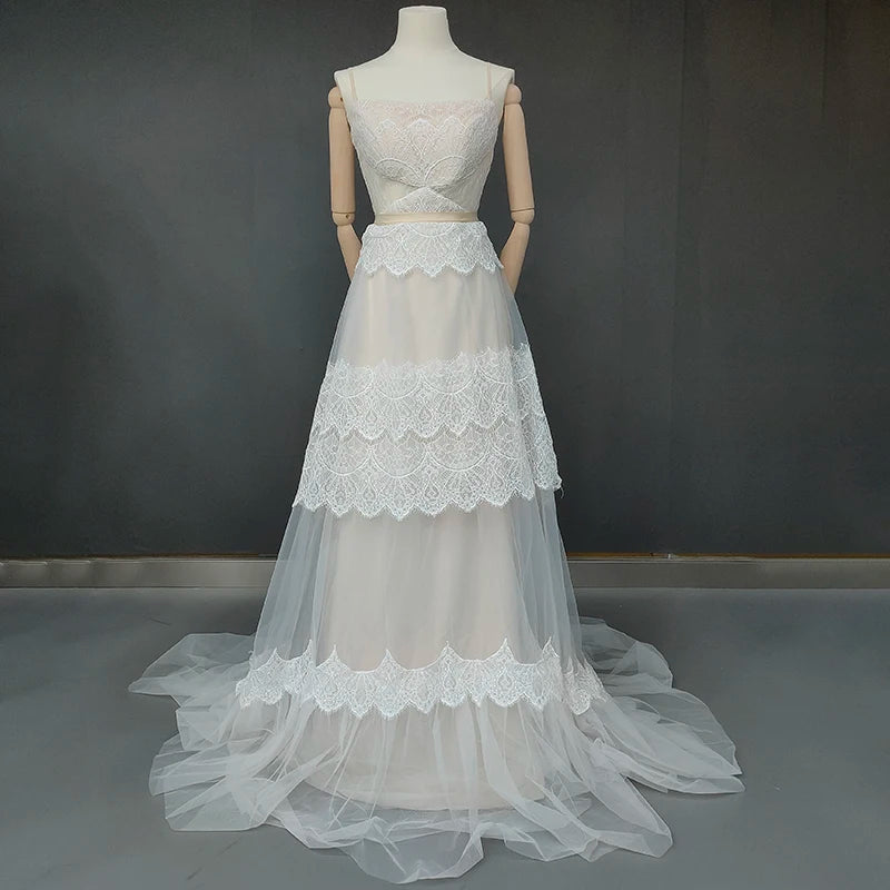 #1247 Spaghetti Straps Soft Lace Sleeveless Sweep Train A-Line Bohemian Beach Backless Wedding Dress Bridal Gowns Evening Dress