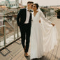 13814# Elegant Long Puff Sleeve Wedding Dress 2022 Simple A-Line Chiffon V-Neck Bridal Gown Button Sweep Train Wedding Gown