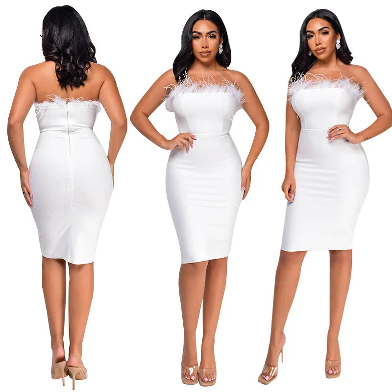 Liu Ming Latest Design Elegant Sexy Women Clothes Strapless Feathers Bodycon Club Party Midi Dresses