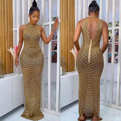 Spring New Elegant Cross-Border  Women's Evening Rhinestone Embellished A-Line Floor-Length Party High INS