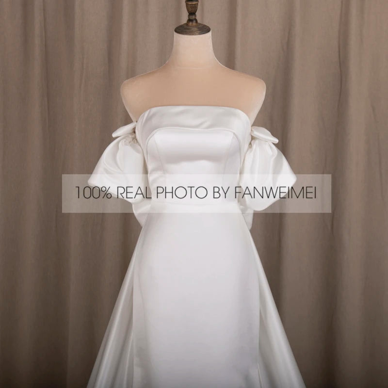 Real Photos Simple Bow Corset Back Strapless Wedding Dress Short Sleeve Satin A-Line Bridal Gown for Wedding Dress Bridal Gown