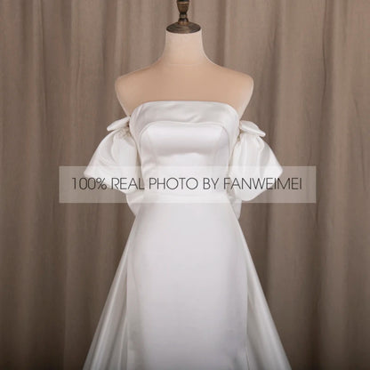 Real Photos Simple Bow Corset Back Strapless Wedding Dress Short Sleeve Satin A-Line Bridal Gown for Wedding Dress Bridal Gown