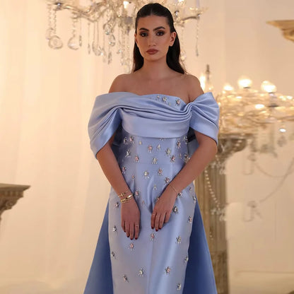 Elegant Off Shoulder Blue Satin Evening Dress With Overskirt Crystal White Midi Wedding Party Gowns Lsz270