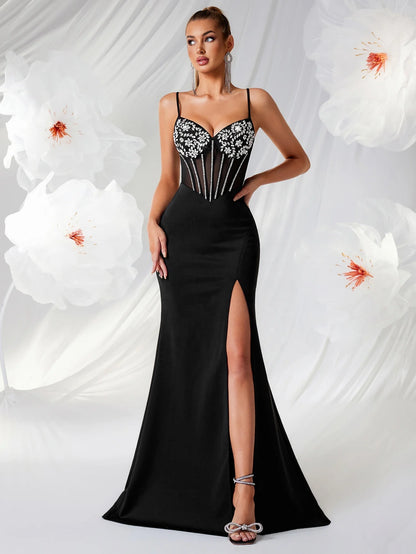 High End Luxurious Evening Dresses V-Neck Sleeveless Rhinestone Slim Fit Long Dresses Women Bodycon Birthday Party Dress