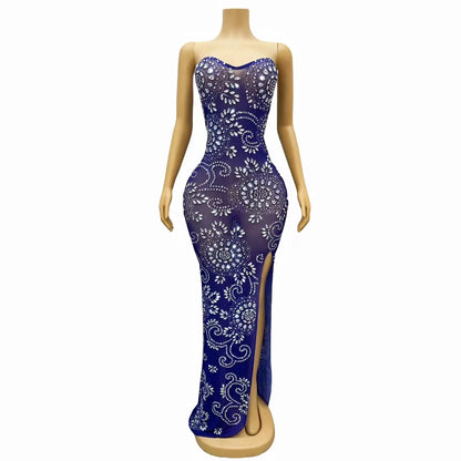 Luxury Boutique Clothing Blue Stones and Crystals See Through Prom Gown Women Strapless Party Maxi Dress Banquet Evening Dress