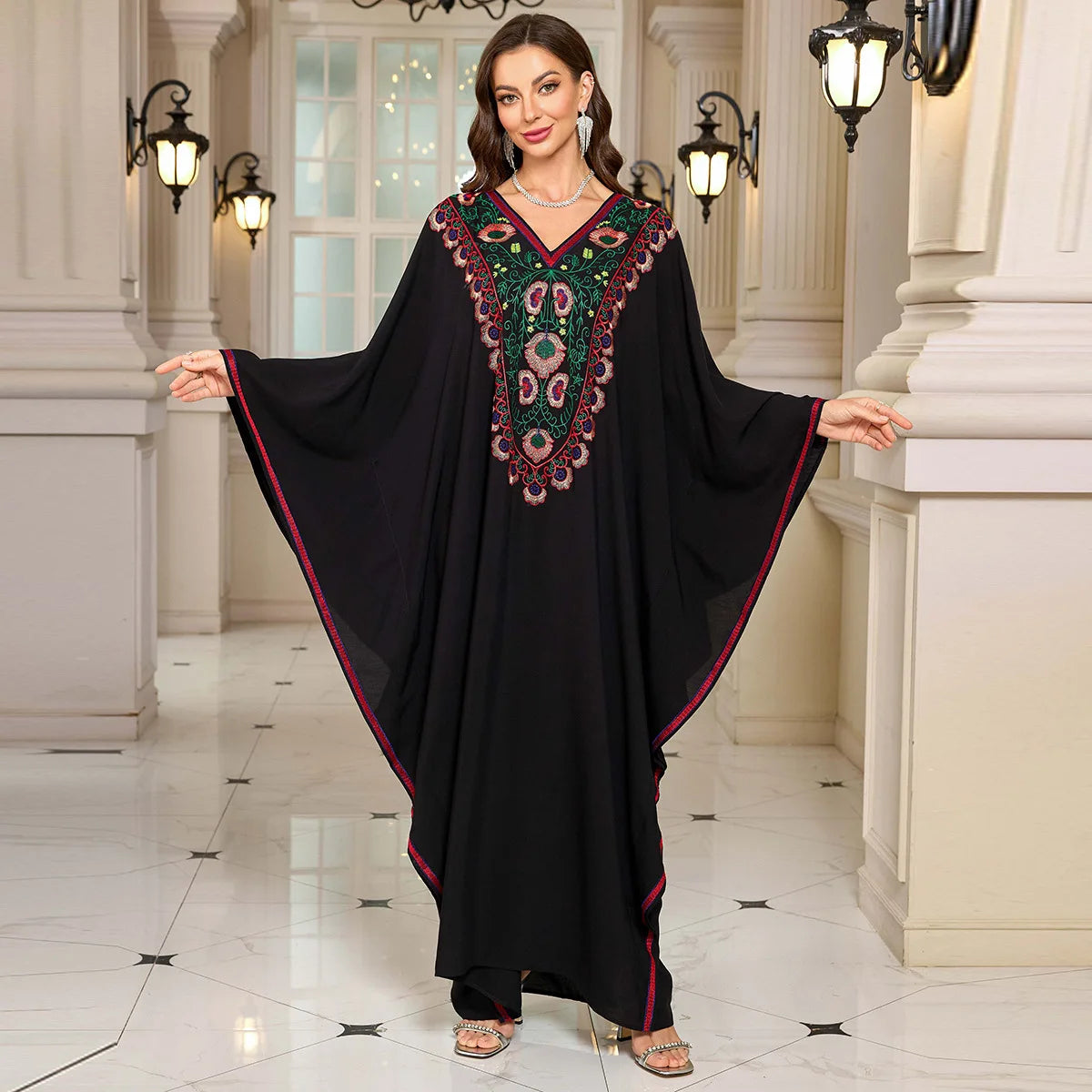 Beach Abaya in Rayon with Gold Embroidery and Batwing Sleeves for Vacation Available on for (24 Colors) L4125