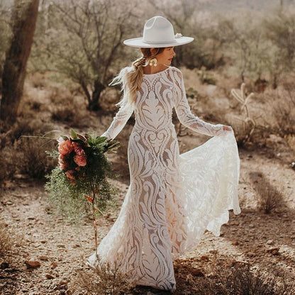 #4053 New Elegant Lace Bateau Long Sleeves Boho Wedding Dress Backless Plus Size Rustic Bridal Photoshoot Gown