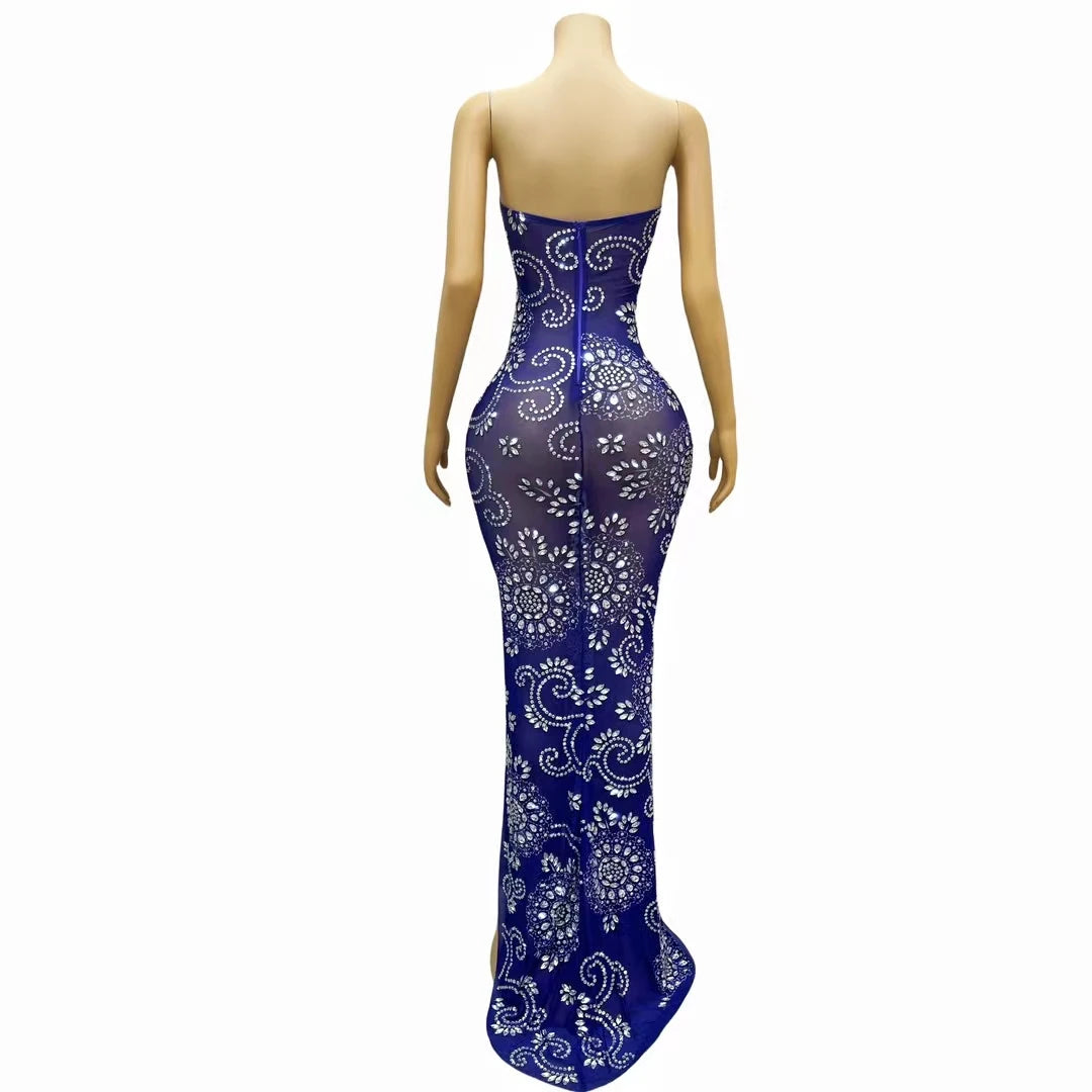 Luxury Boutique Clothing Blue Stones and Crystals See Through Prom Gown Women Strapless Party Maxi Dress Banquet Evening Dress